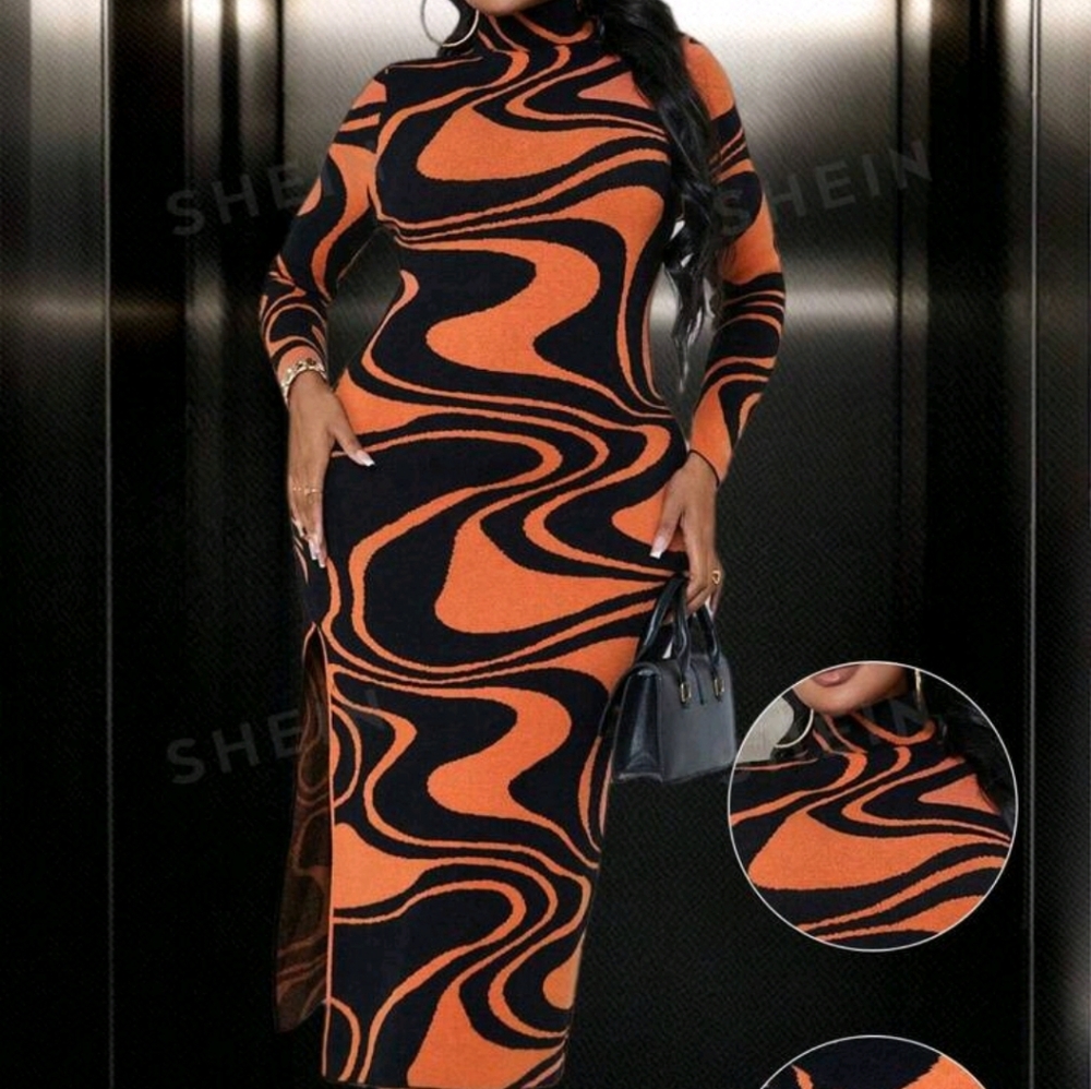 SHEIN Vibrant Orange and Black Swirl Dress 2XL